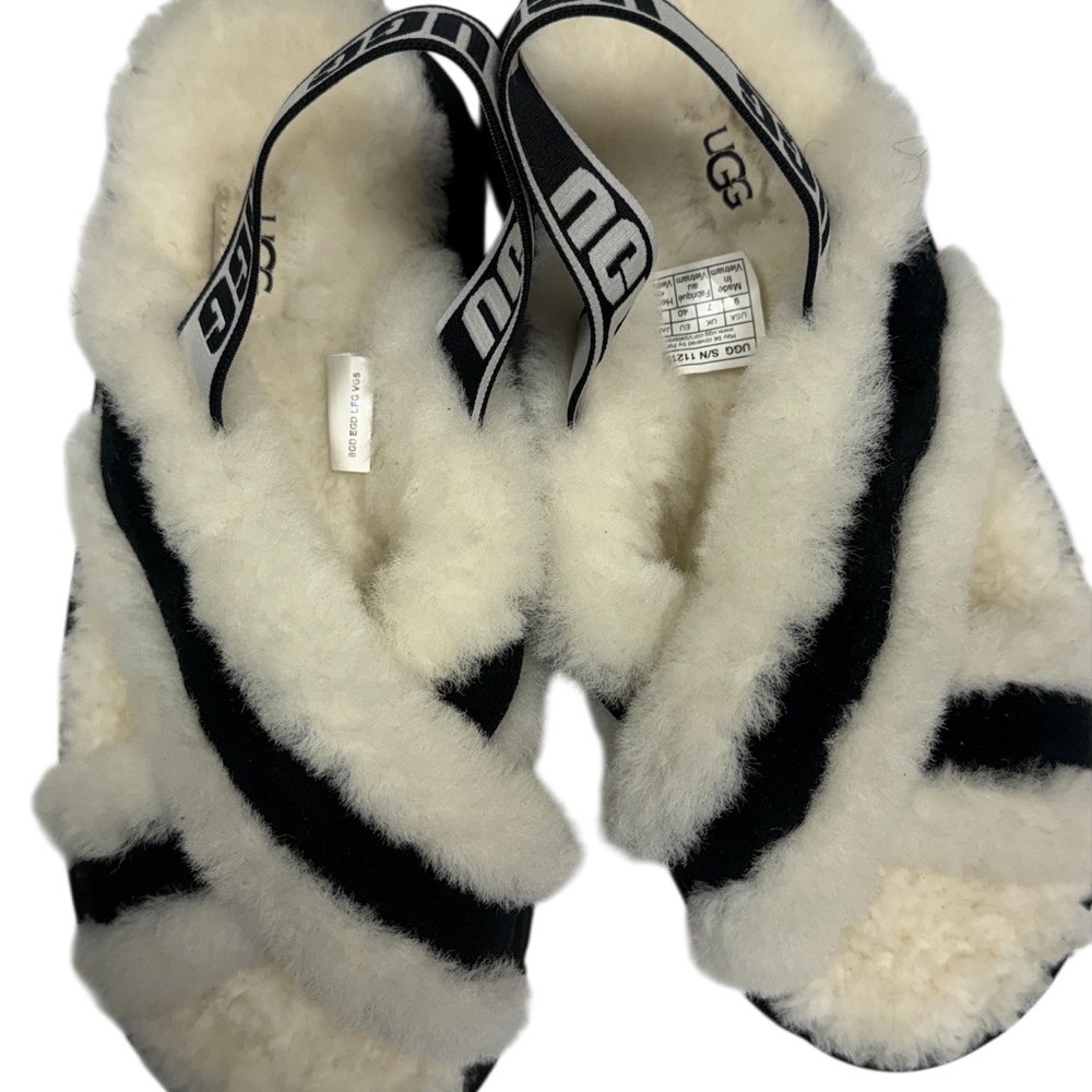 UGG Black and White Fluffy Sandals